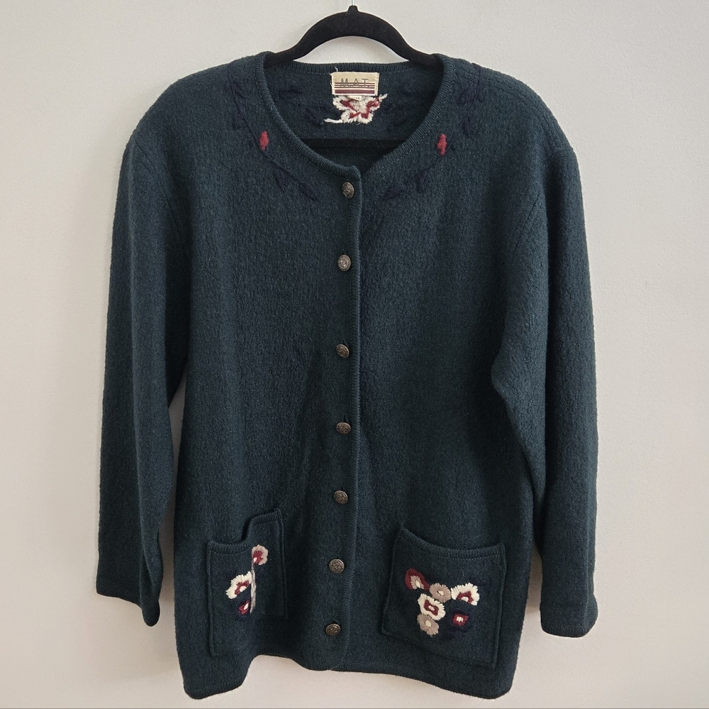 Vintage Wool Dark Green Embroidered Oversized Cardigan Size M